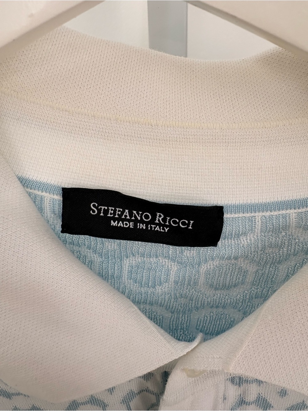 Stefano Ricci White and Light Blue Geometric Knit Polo - Picture 2 of 4